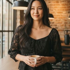 Dee Elly Black Lace Puff Sleeve Blouse XS Sheer Floral Square Neck Top Chic